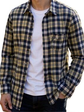 VSTR Men's Button Down Plaid Yellow Blue Brown Long Sleeve Top M-L